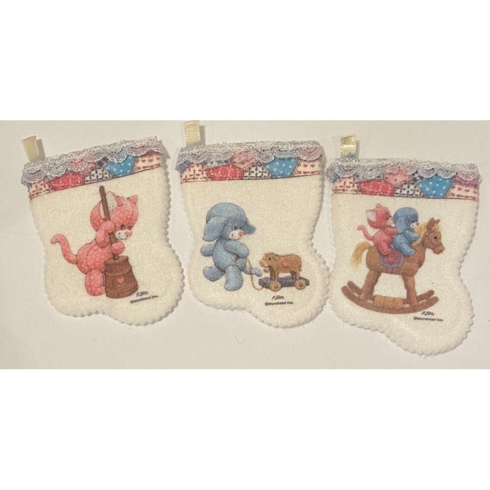 Vintage Ruth Morehead Mini Christmas Stockings Lot Of 3 Puppy Kitten Felt